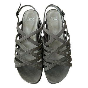 Eileen Fisher Womens Gray Leather Platform Wedge Strappy‎ Sandals Size 10